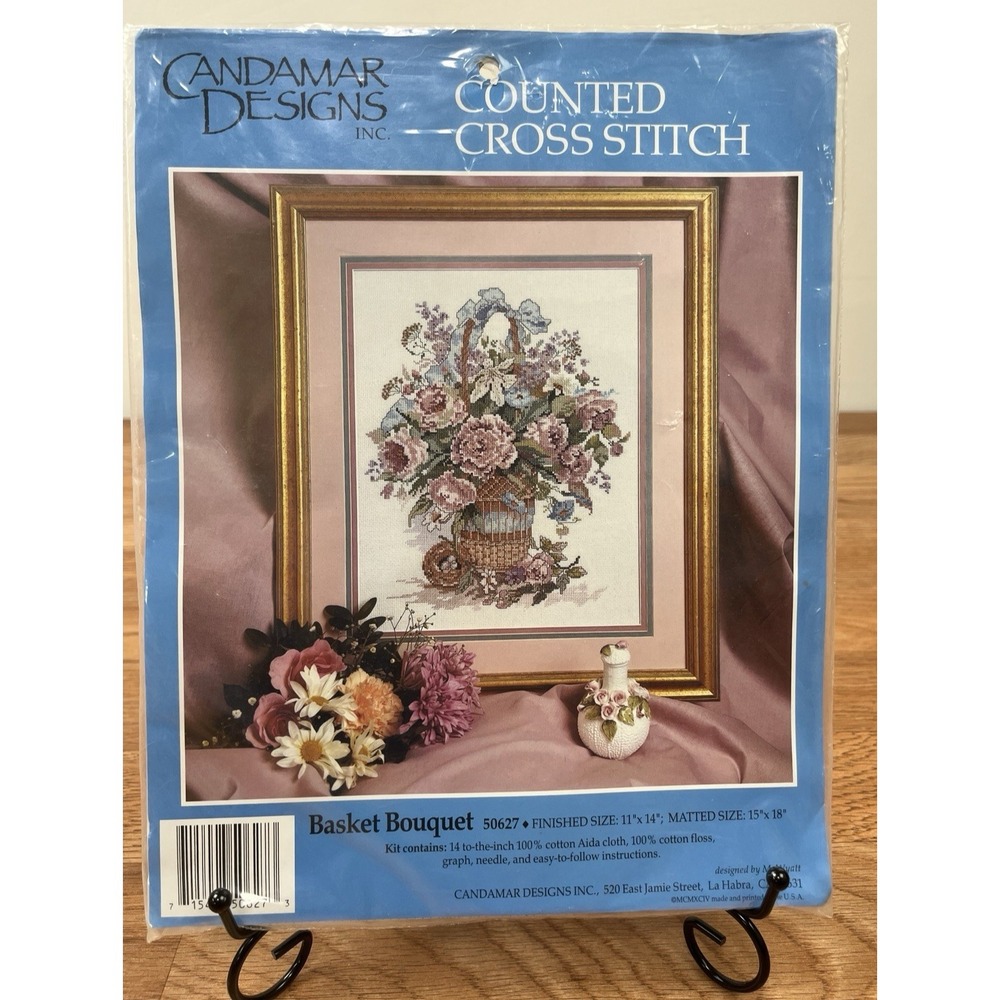Vintage 90s Candamar Counted Cross Stitch Kit- Basket Bouquet Flowers 50627 NEW